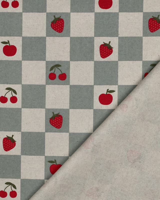 Toile Enduite Effet Lin Motif Carreaux et Fruits Bleu Vert - Mercerine