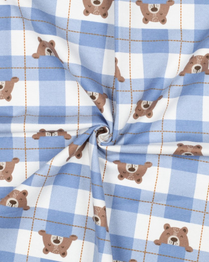 Flanelle de Coton à Carreaux Bleus Motif Petit Ours - Mercerine