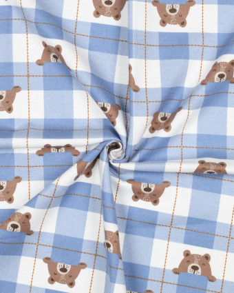 Flanelle de Coton à Carreaux Bleus Motif Petit Ours - Mercerine