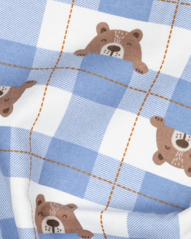 Flanelle de Coton à Carreaux Bleus Motif Petit Ours - Mercerine