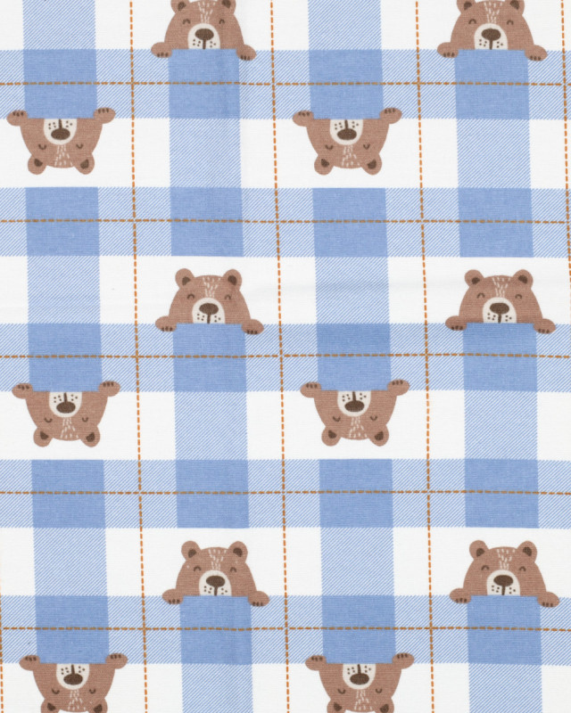 Flanelle de Coton à Carreaux Bleus Motif Petit Ours - Mercerine