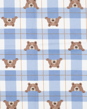 Flanelle de Coton à Carreaux Bleus Motif Petit Ours - Mercerine