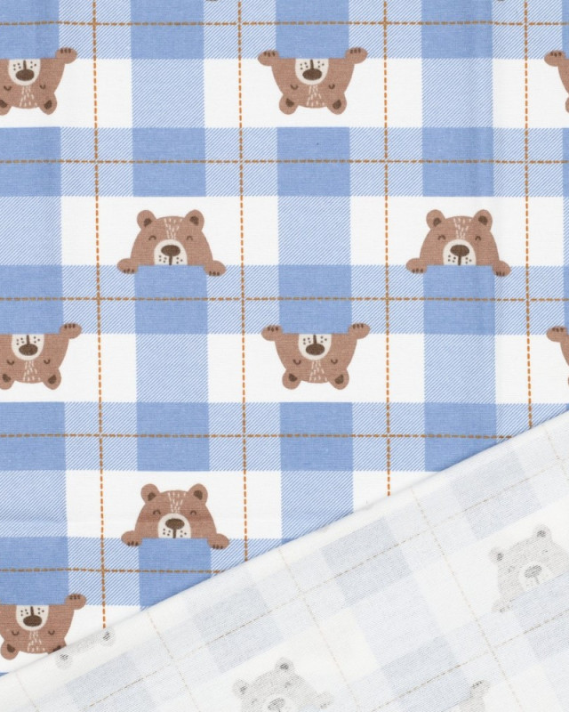 Flanelle de Coton à Carreaux Bleus Motif Petit Ours - Mercerine