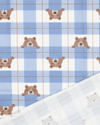 Flanelle de Coton à Carreaux Bleus Motif Petit Ours - Mercerine