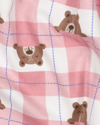 Flanelle de Coton à Carreaux Roses Motif Petit Ours - Mercerine