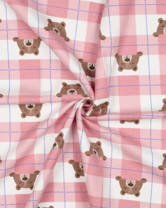 Flanelle de Coton à Carreaux Roses Motif Petit Ours - Mercerine