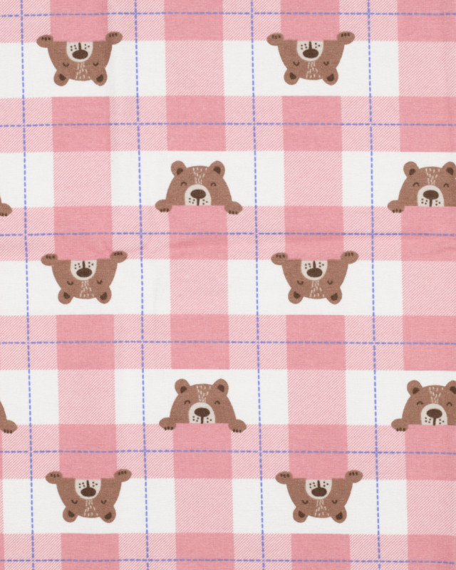 Flanelle de Coton à Carreaux Roses Motif Petit Ours - Mercerine