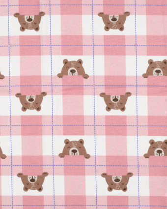 Flanelle de Coton à Carreaux Roses Motif Petit Ours - Mercerine