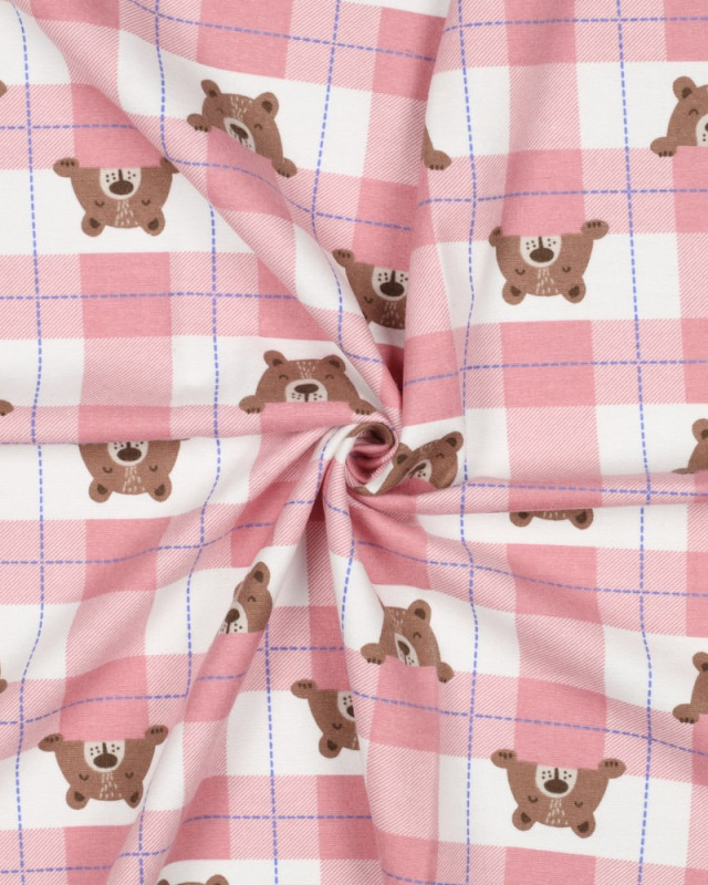 Flanelle de Coton à Carreaux Roses Motif Petit Ours - Mercerine