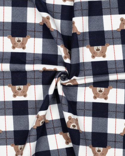 Flanelle de Coton à Carreaux Bleu Marine Motif Petit Ours - Mercerine