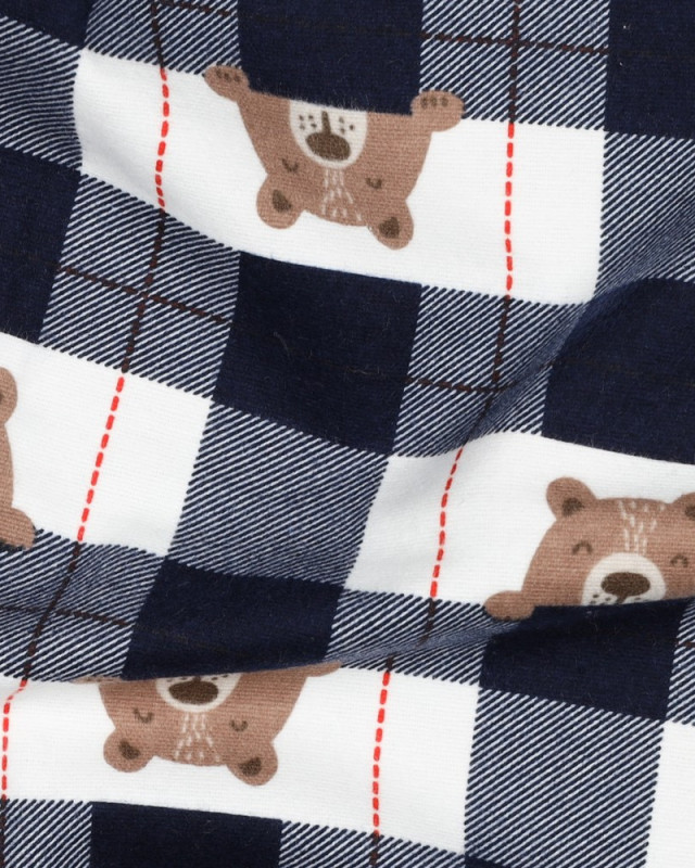 Flanelle de Coton à Carreaux Bleu Marine Motif Petit Ours - Mercerine