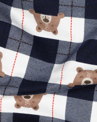 Flanelle de Coton à Carreaux Bleu Marine Motif Petit Ours - Mercerine