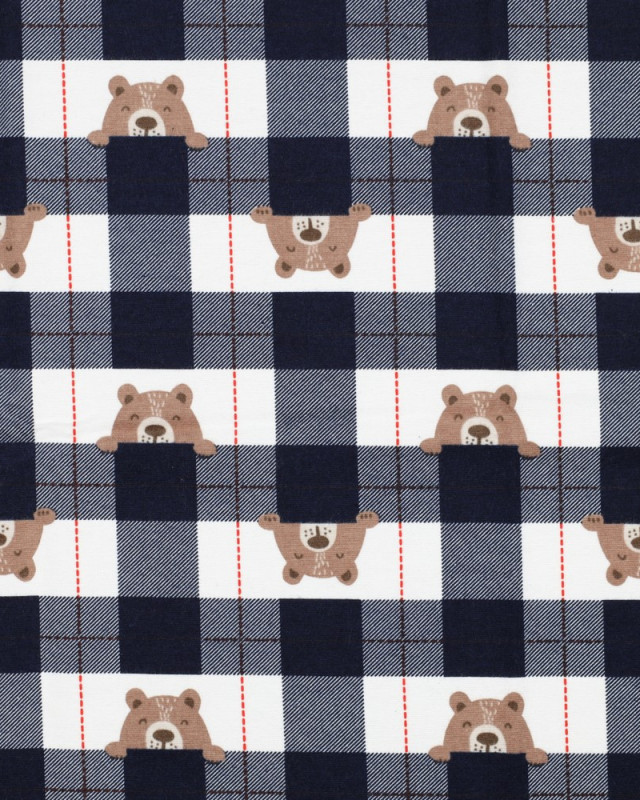 Flanelle de Coton à Carreaux Bleu Marine Motif Petit Ours - Mercerine