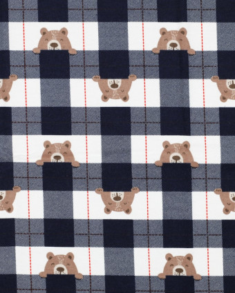 Flanelle de Coton à Carreaux Bleu Marine Motif Petit Ours - Mercerine