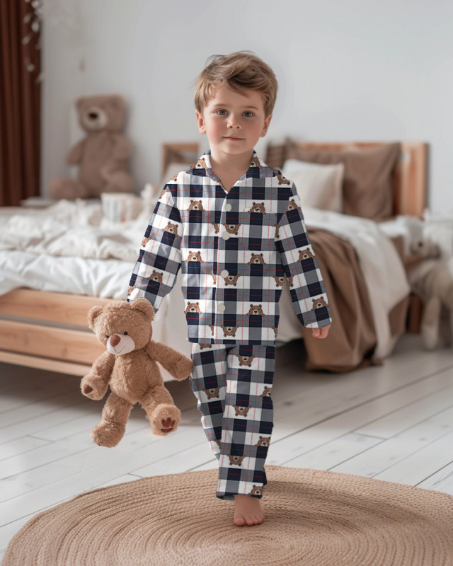 Flanelle de Coton à Carreaux Bleu Marine Motif Petit Ours - Mercerine
