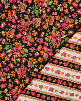 Tissu Coton Matelassé Fleuri Rose et Orange Fond Noir - Mercerine