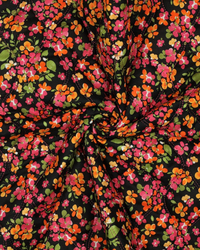 Tissu Coton Matelassé Fleuri Rose et Orange Fond Noir - Mercerine