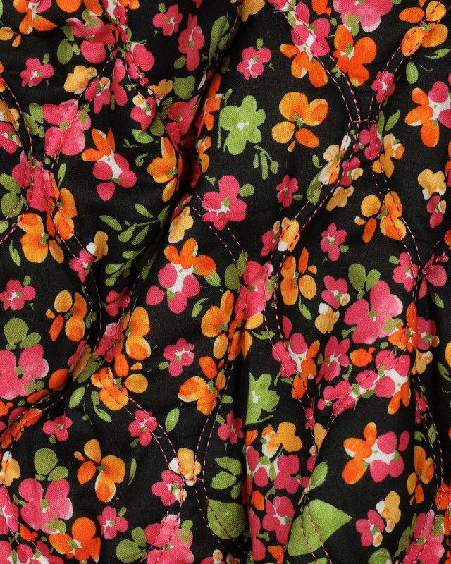 Tissu Coton Matelassé Fleuri Rose et Orange Fond Noir - Mercerine
