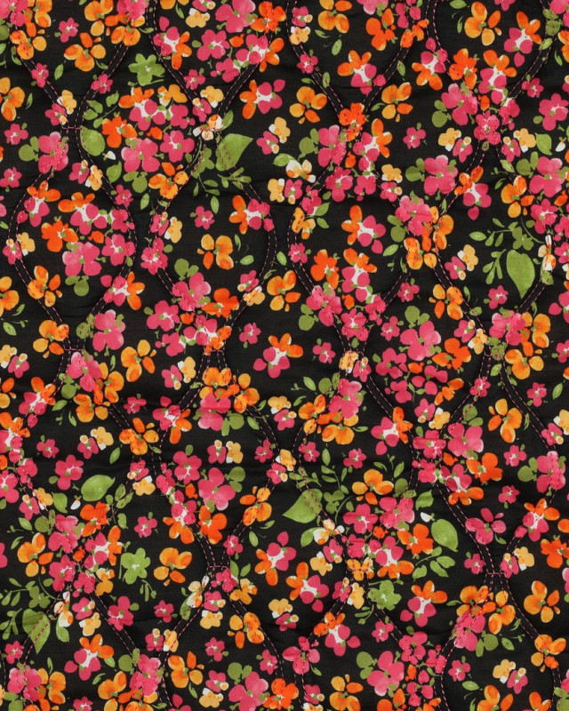 Tissu Coton Matelassé Fleuri Rose et Orange Fond Noir - Mercerine