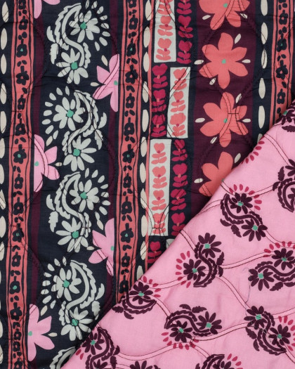 Tissu Coton Matelassé Fleuri Rose et Bordeaux - Mercerine