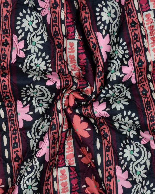 Tissu Coton Matelassé Fleuri Rose et Bordeaux - Mercerine