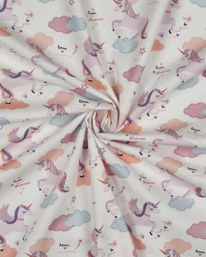 Popeline de Coton Motif Licorne Fond Ecru - Mercerine