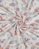 Popeline de Coton Motif Licorne Fond Ecru