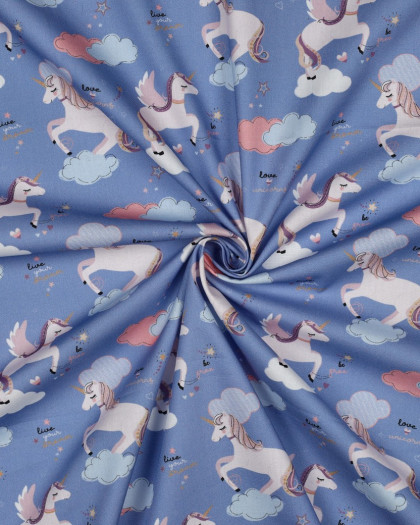 Popeline de Coton Motif Licorne Fond Bleu - Mercerine