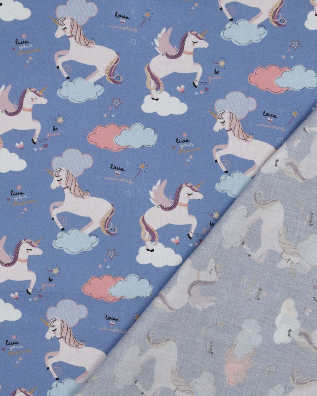 Popeline de Coton Motif Licorne Fond Bleu - Mercerine