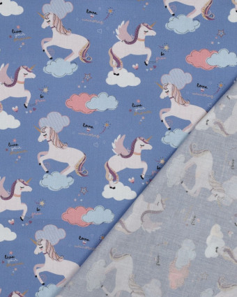 Popeline de Coton Motif Licorne Fond Bleu - Mercerine