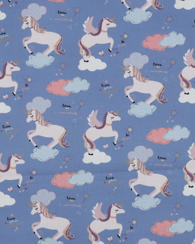 Popeline de Coton Motif Licorne Fond Bleu - Mercerine
