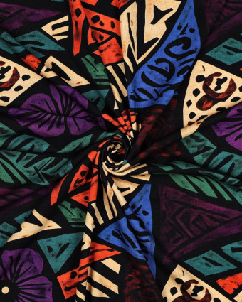 Tissu Jersey de Viscose Motif Ethnique Coloré Fond Noir - Mercerine