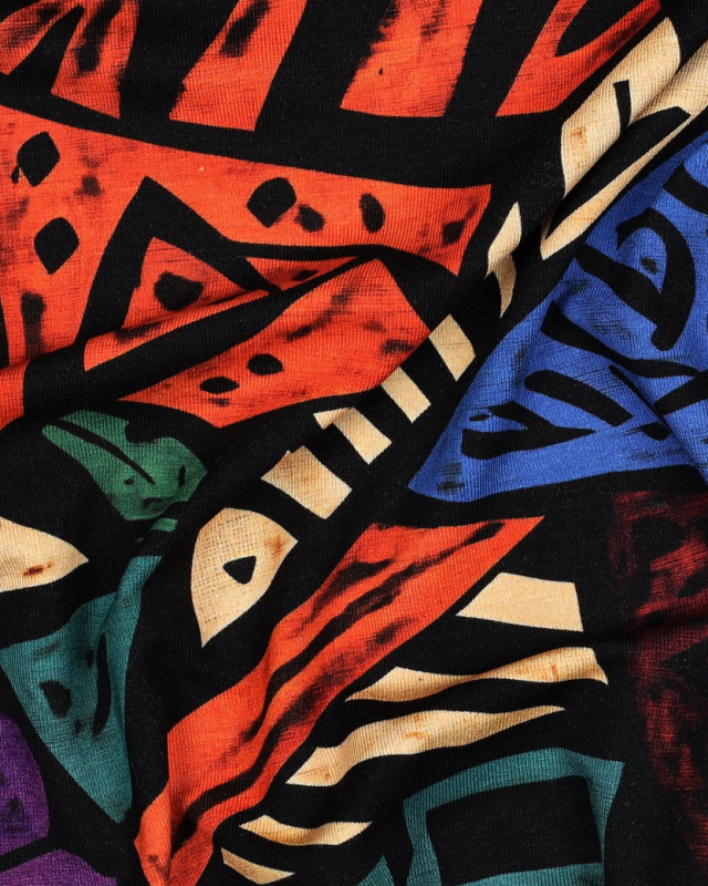 Tissu Jersey de Viscose Motif Ethnique Coloré Fond Noir - Mercerine