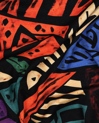 Tissu Jersey de Viscose Motif Ethnique Coloré Fond Noir - Mercerine