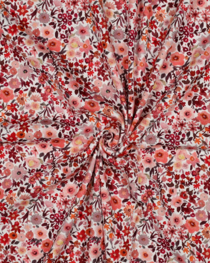 Tissu Jersey Côtelé Fleuri Rose Orange - Mercerine