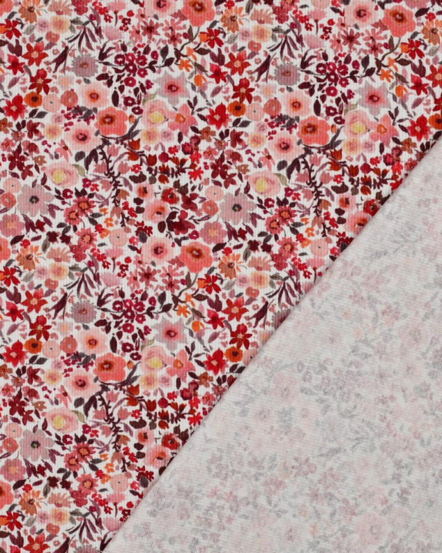 Tissu Jersey Côtelé Fleuri Rose Orange - Mercerine