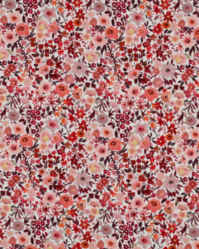 Tissu Jersey Côtelé Fleuri Rose Orange - Mercerine