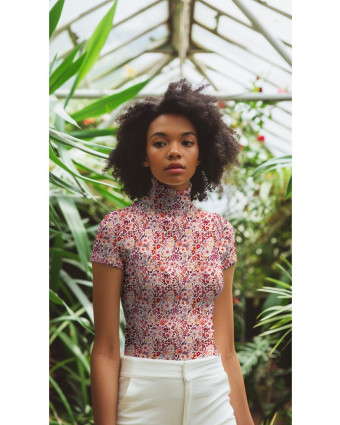 Tissu Jersey Côtelé Fleuri Rose Orange - Mercerine