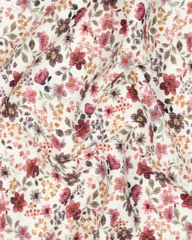 Tissu Jersey Côtelé Fleuri Vieux Rose - Mercerine
