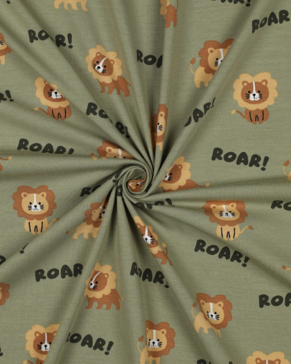 Tissu Jersey de Coton Vert Kaki Petit Lion - Mercerine