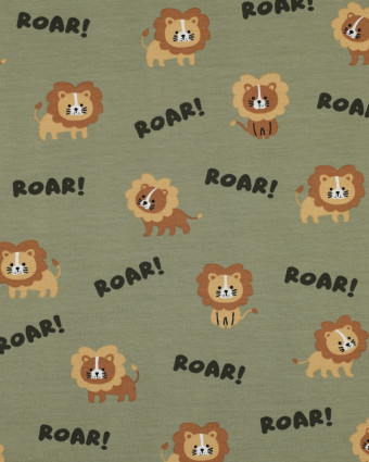Tissu Jersey de Coton Vert Kaki Petit Lion - Mercerine
