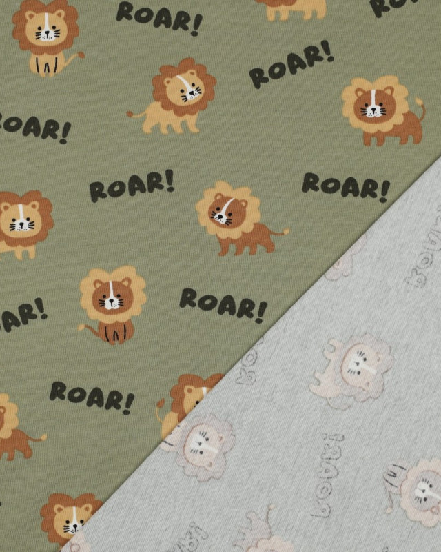 Tissu Jersey de Coton Vert Kaki Petit Lion - Mercerine