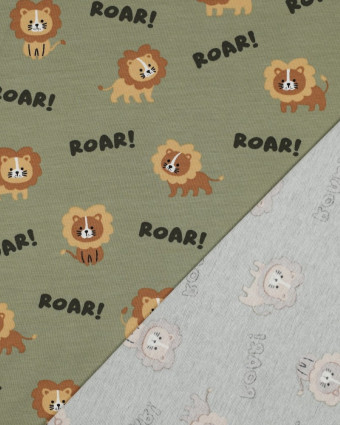 Tissu Jersey de Coton Vert Kaki Petit Lion - Mercerine