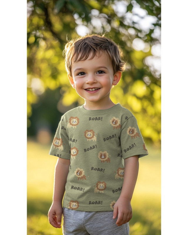 Tissu Jersey de Coton Vert Kaki Petit Lion - Mercerine