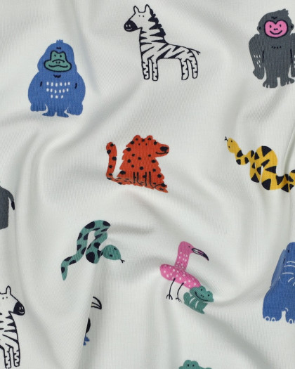 Tissu Jersey Ecru Petits Animaux Colorés - Mercerine