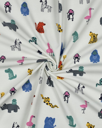 Tissu Jersey de Coton  Ecru Petits Animaux Colorés - Mercerine