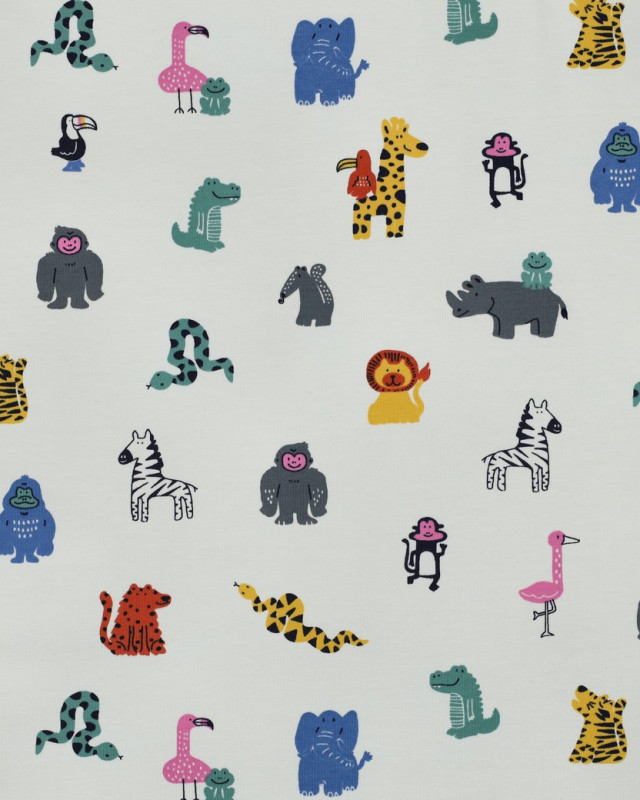 Tissu Jersey de Coton  Ecru Petits Animaux Colorés - Mercerine