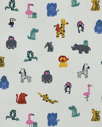 Tissu Jersey de Coton  Ecru Petits Animaux Colorés - Mercerine