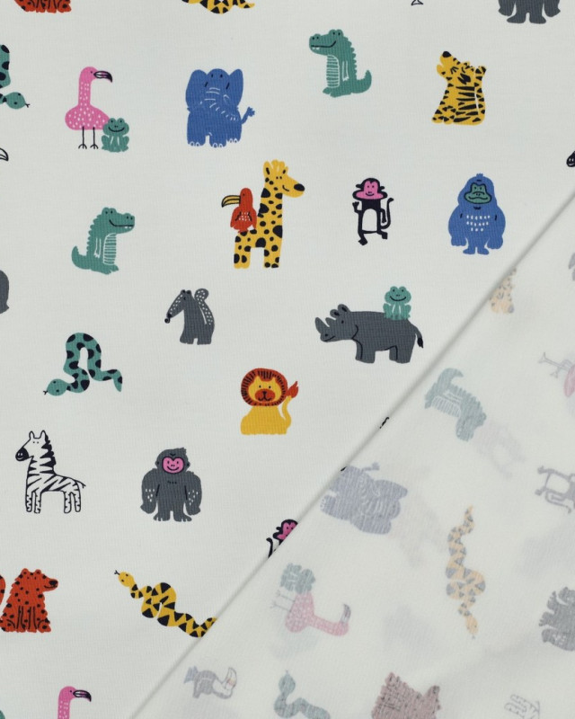 Tissu Jersey de Coton  Ecru Petits Animaux Colorés - Mercerine