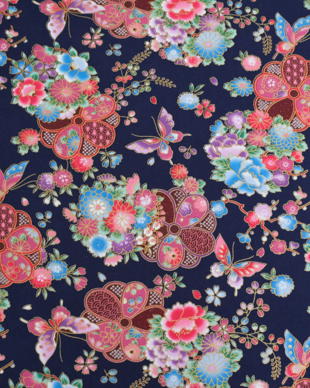 Tissu Coton Imprimé Fleur Merveilleuse Fond Bleu - Mercerine